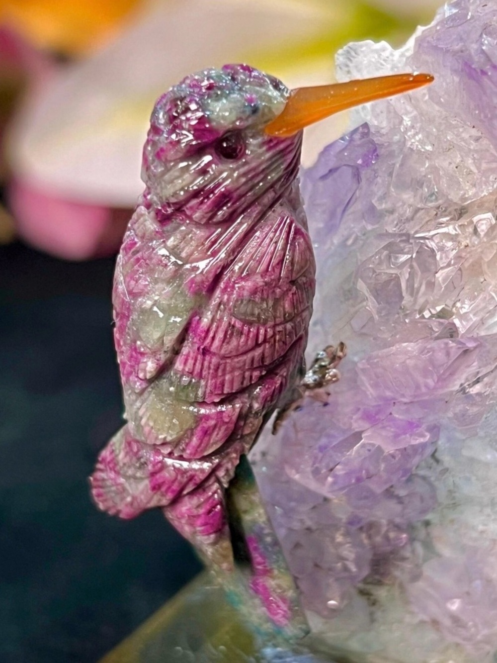 Ruby with Kyanite Hummingbird on Vera Cruz Amethyst Crystal